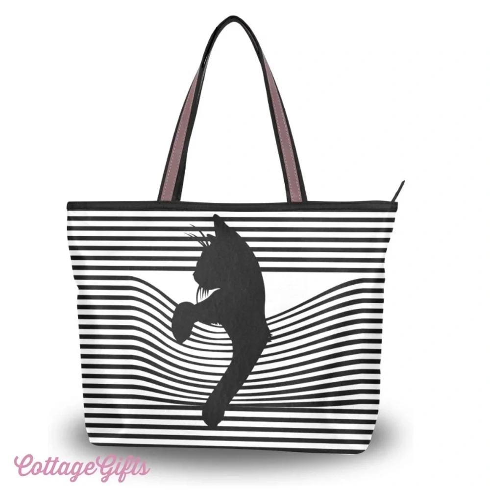 New Optical Illusion Just Chillin’ Cat Tote black & white stripes - Picture 2 of 3